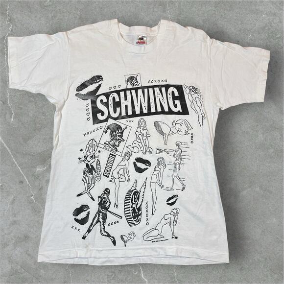 Vintage 90s SCHWING Single Stitch T-Shirt Large Fruit Of Loom USA Waynes World - Picture 1 of 13